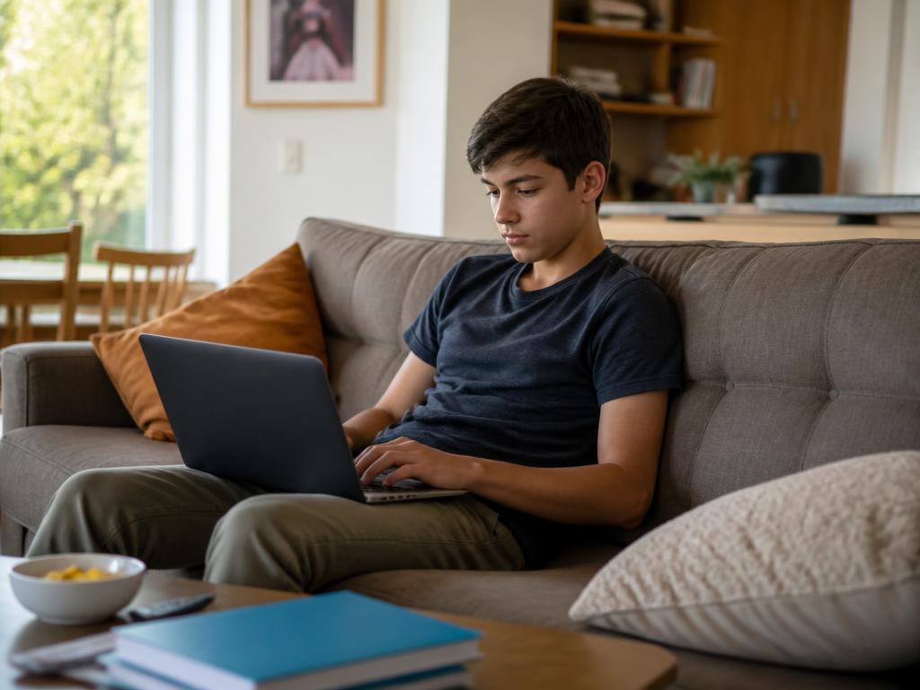 Ragazzo adolescente che studia con il portatile sul divano di casa